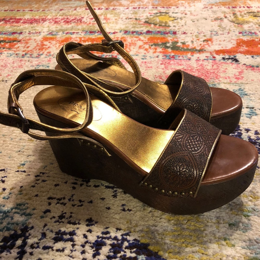 Prada bronze and gold embossed wedge sandals - Picture 3 of 5